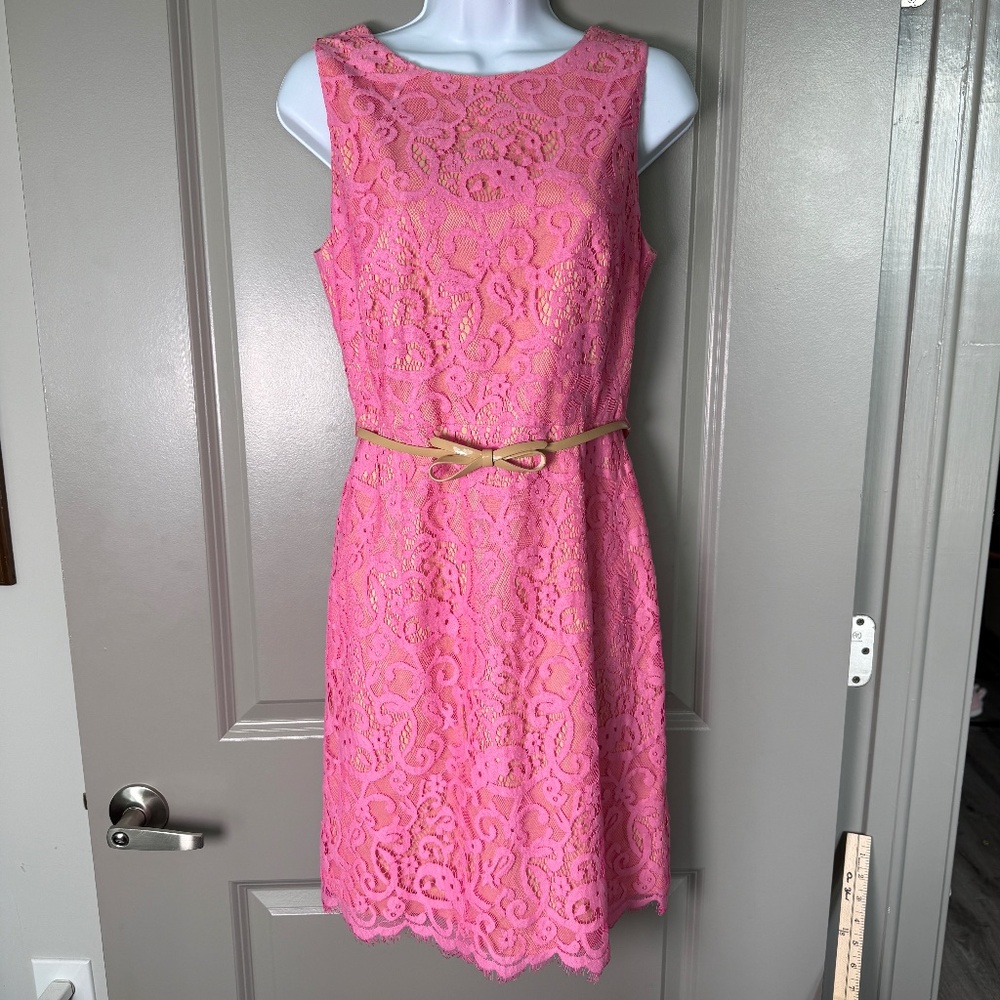 Donna Morgan Pink Lace Fit & Flare Dress Bow Belt Size 4 | Wedding | Cocktail
